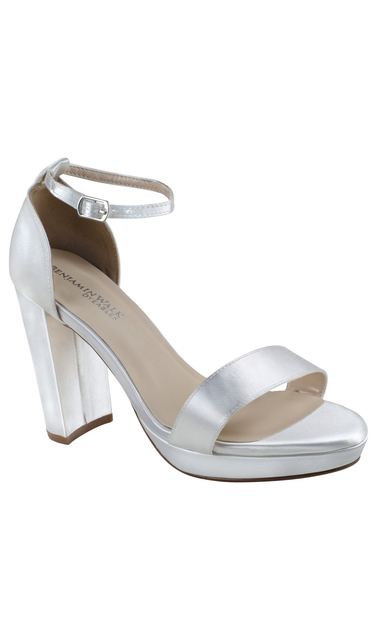 The Mia White Open Toe Prom Shoes 4579 are elegant white satin high-heeled sandals with an ankle buckle, block heel, platform sole, and open toe—perfect for prom.